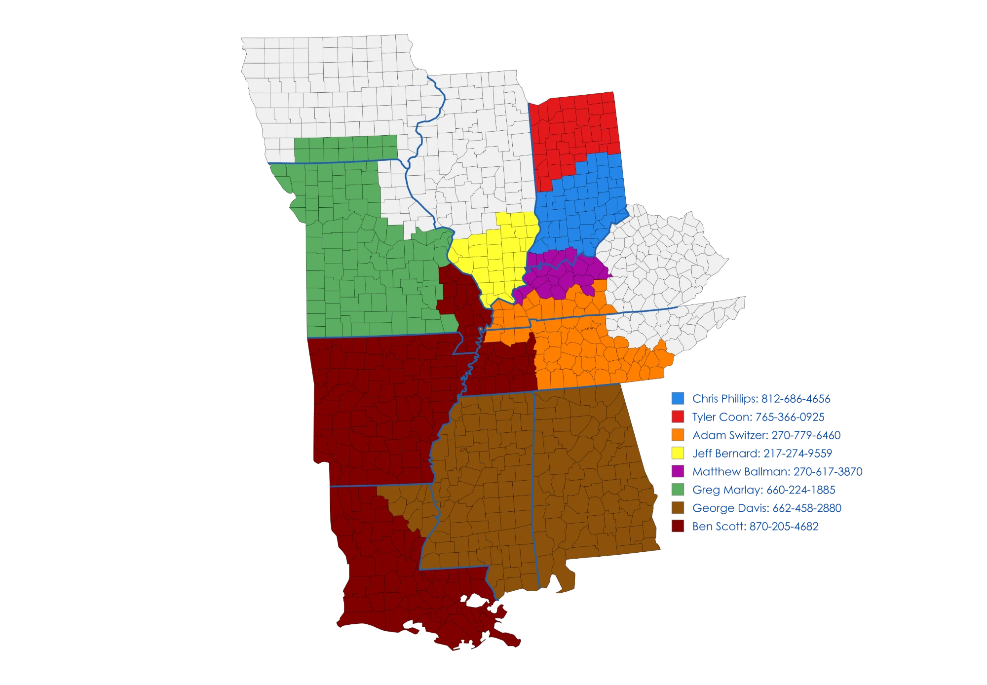 OVA sales territory map by county, with each territory salesman's name and phone number